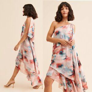 NEW Anthropologie Let Me Be Blurred Floral Asymmetrical Dress Pink Blue